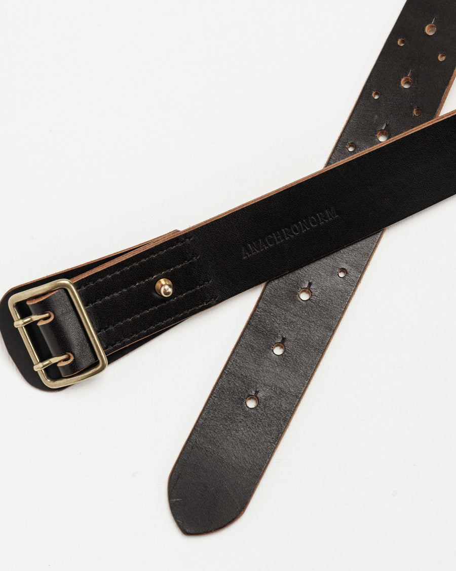 ANACHRONORM × BRASSBOUND ダブルピン レザーベルト ブラック | 3.5mm茶芯カウレザー ヘビータンニン鞣し ダブルピンバックル フレンチミリタリーベース 経年変化 日本製
