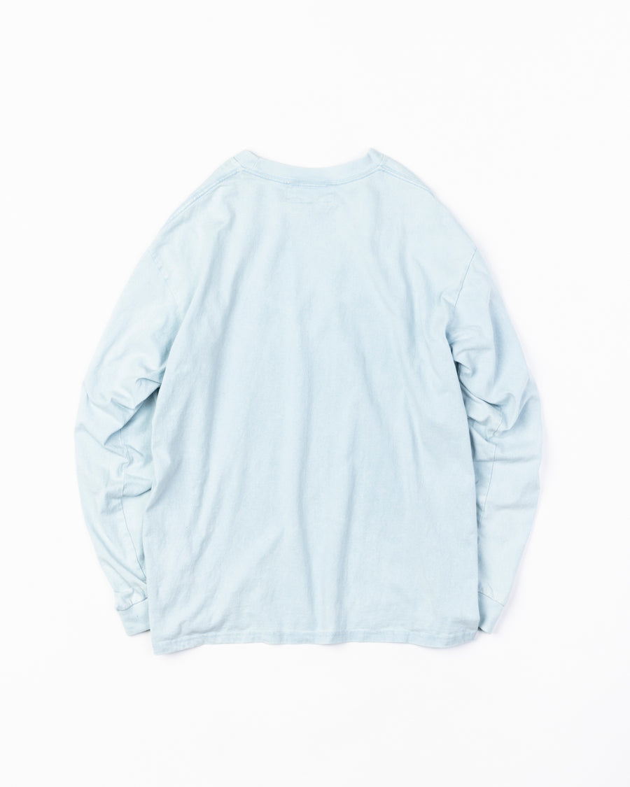 ANACHRONORM スペースニードル ダメージ ロングスリーブTシャツ サックス | ステイフレッシュコットン サステナブルブリーチ ステンシルプリント 左胸刺繍 一点一点