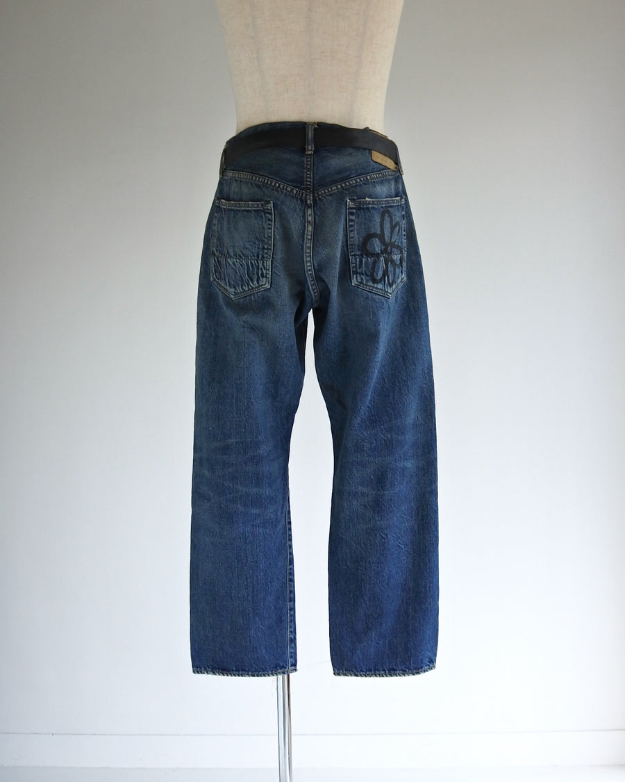 ANACHRONORM×NICK GEAR ハンドプリント フラワー デニムパンツ インディゴ エイジング | 12.5oz セルビッチデニム 中濃色エイジング 手書きフラワープリント フラワーワッペン 20周年 日本製