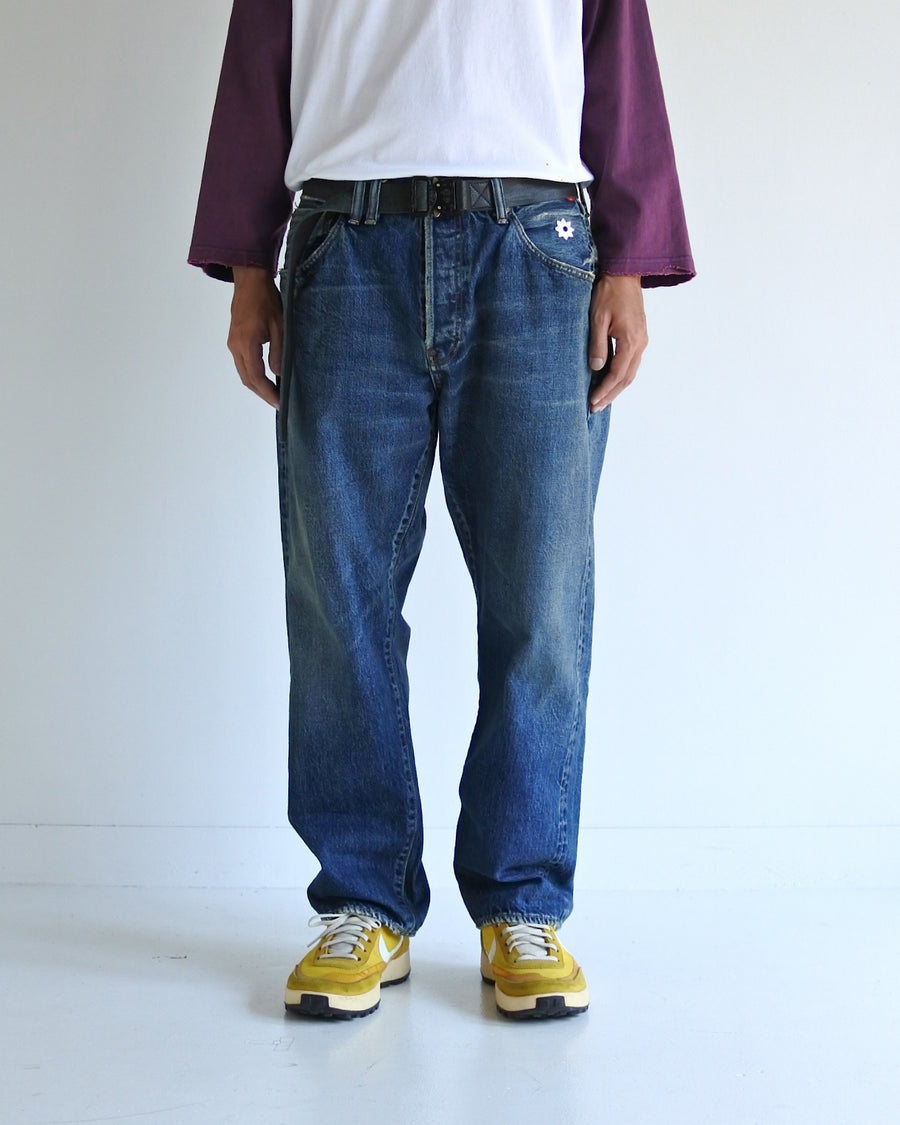 ANACHRONORM×NICK GEAR ハンドプリント フラワー デニムパンツ インディゴ エイジング | 12.5oz セルビッチデニム 中濃色エイジング 手書きフラワープリント フラワーワッペン 20周年 日本製