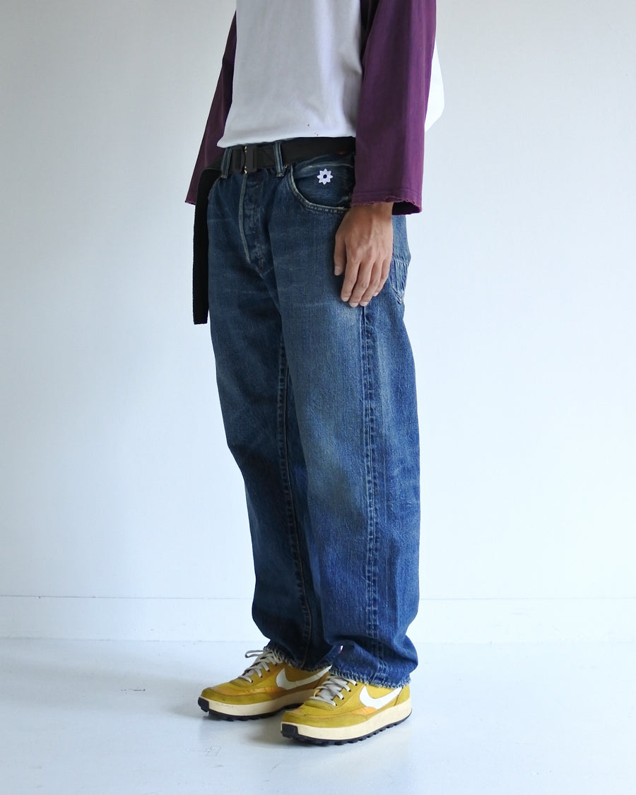 ANACHRONORM×NICK GEAR ハンドプリント フラワー デニムパンツ インディゴ エイジング | 12.5oz セルビッチデニム 中濃色エイジング 手書きフラワープリント フラワーワッペン 20周年 日本製