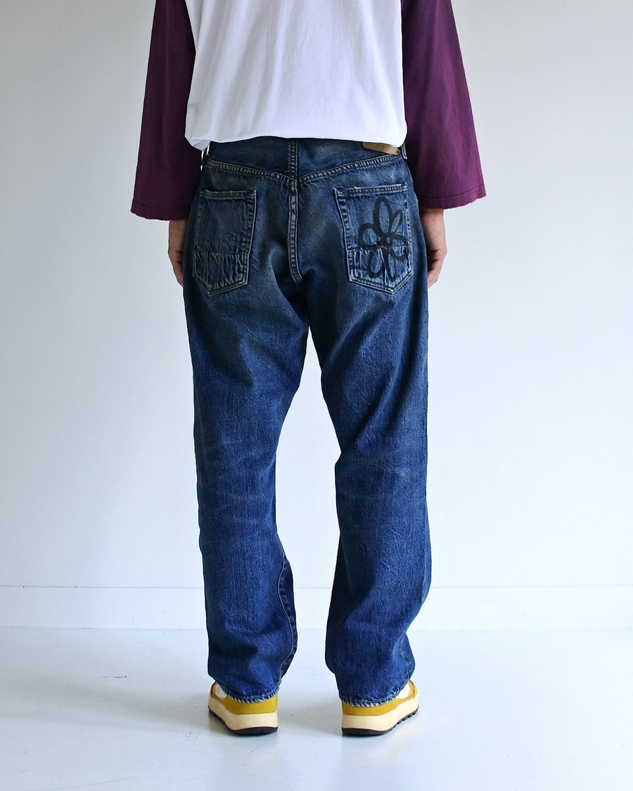 ANACHRONORM×NICK GEAR ハンドプリント フラワー デニムパンツ インディゴ エイジング | 12.5oz セルビッチデニム 中濃色エイジング 手書きフラワープリント フラワーワッペン 20周年 日本製