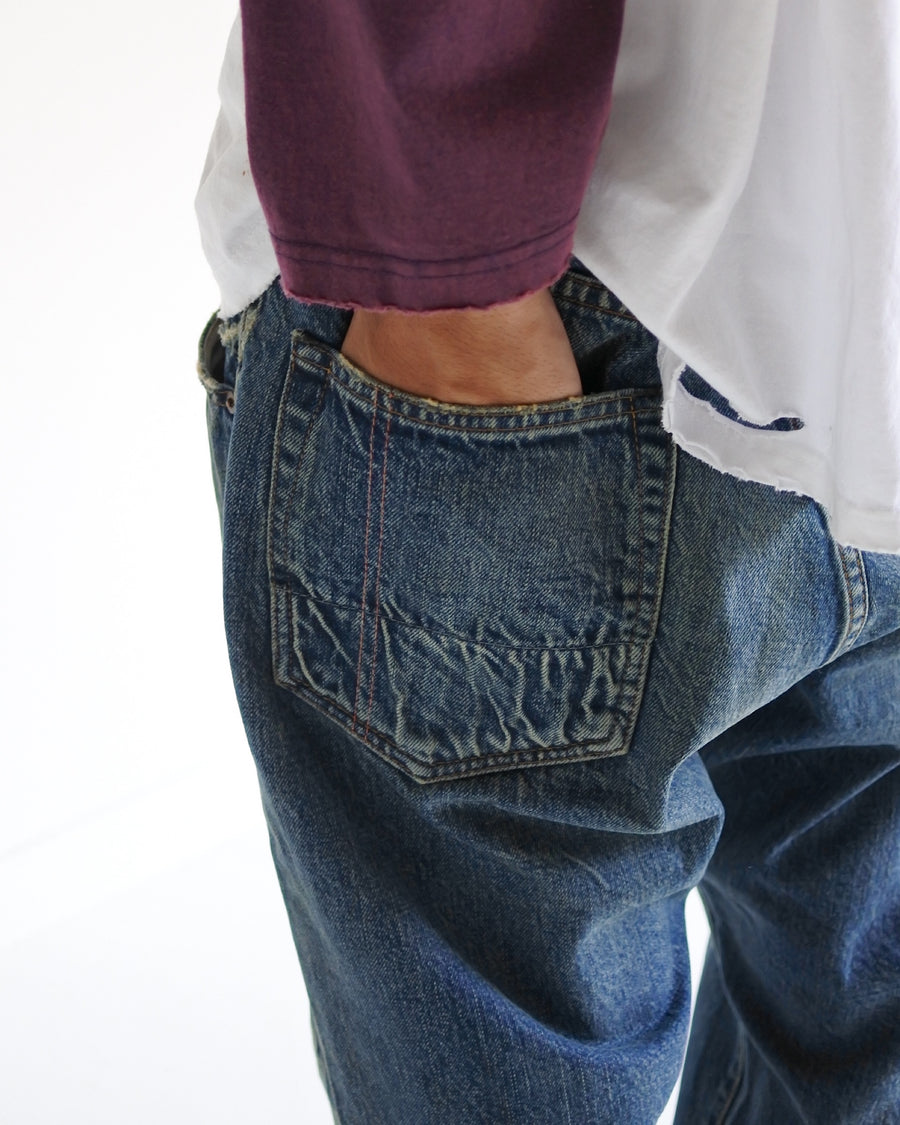 ANACHRONORM×NICK GEAR ハンドプリント フラワー デニムパンツ インディゴ エイジング | 12.5oz セルビッチデニム 中濃色エイジング 手書きフラワープリント フラワーワッペン 20周年 日本製