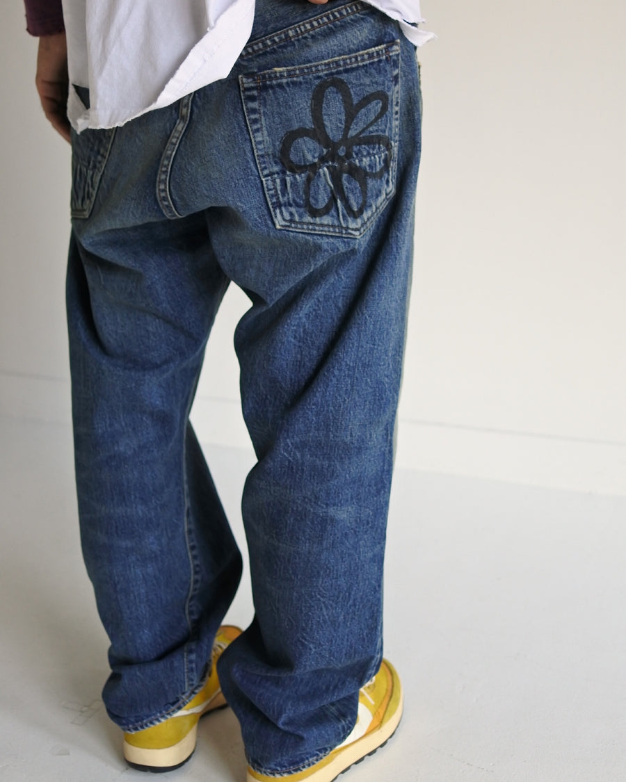ANACHRONORM×NICK GEAR ハンドプリント フラワー デニムパンツ インディゴ エイジング | 12.5oz セルビッチデニム 中濃色エイジング 手書きフラワープリント フラワーワッペン 20周年 日本製