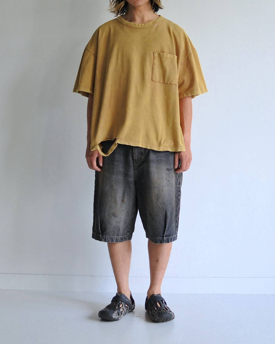 ANACHRONORM 鹿の子 ダメージポケット ショートスリーブTシャツ ライトブラウン | 40/2 カノコ 超長綿 インド産 硫化染め サステナブルブリーチ ダメージ加工 一点一点 日本製