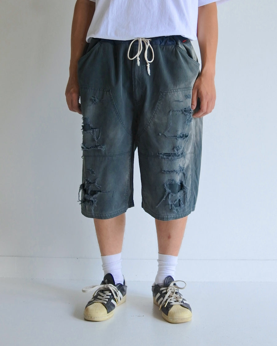 ANACHRONORM ダブルニー ダメージ ペインター ショートパンツ ブラック | 11号帆布 ナイロンオックス切り替え 特殊脱色加工 ハードダメージ 一点一点 日本製