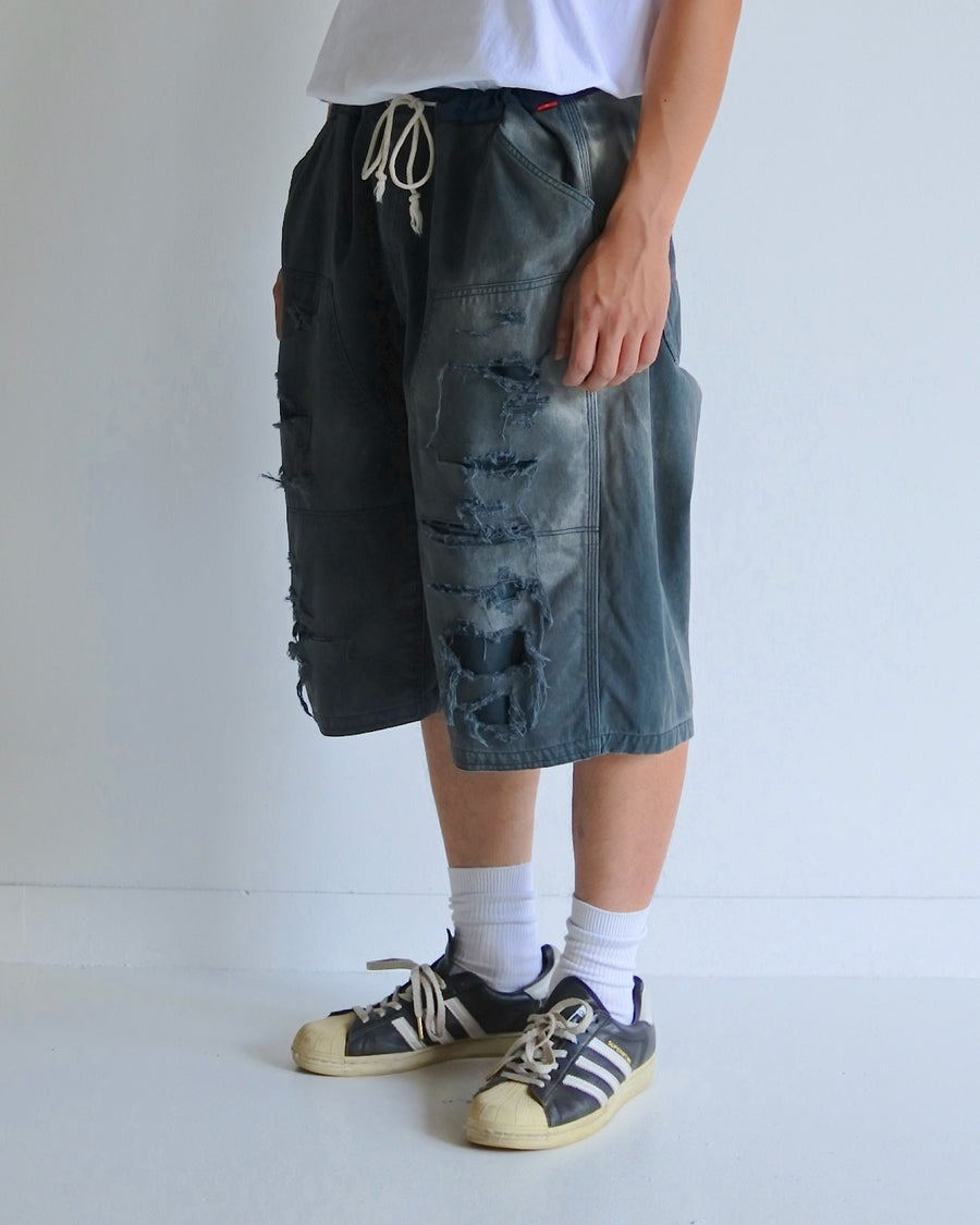 ANACHRONORM ダブルニー ダメージ ペインター ショートパンツ ブラック | 11号帆布 ナイロンオックス切り替え 特殊脱色加工 ハードダメージ 一点一点 日本製