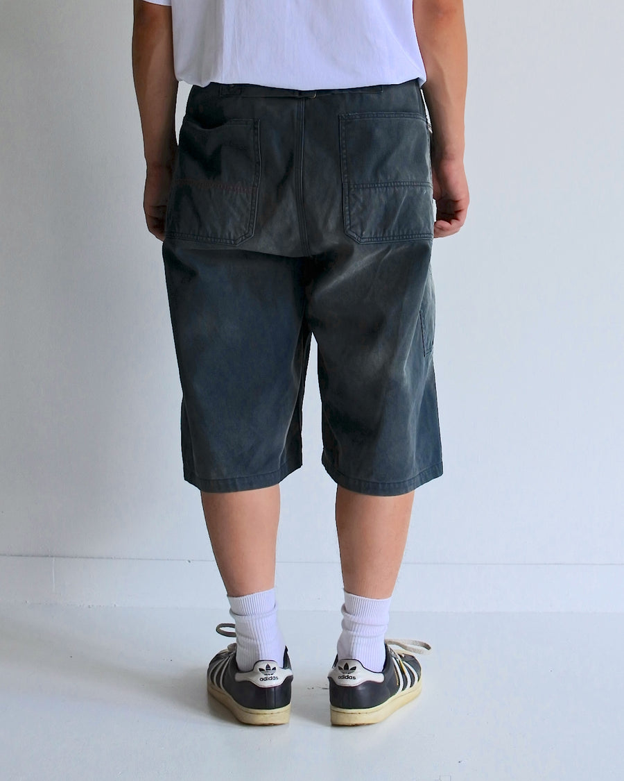 ANACHRONORM ダブルニー ダメージ ペインター ショートパンツ ブラック | 11号帆布 ナイロンオックス切り替え 特殊脱色加工 ハードダメージ 一点一点 日本製