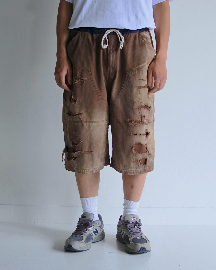 ANACHRONORM ダブルニー ダメージ ペインター ショートパンツ ブラウン | 11号帆布 ナイロンオックス切り替え 特殊脱色加工 ハードダメージ 一点一点 日本製