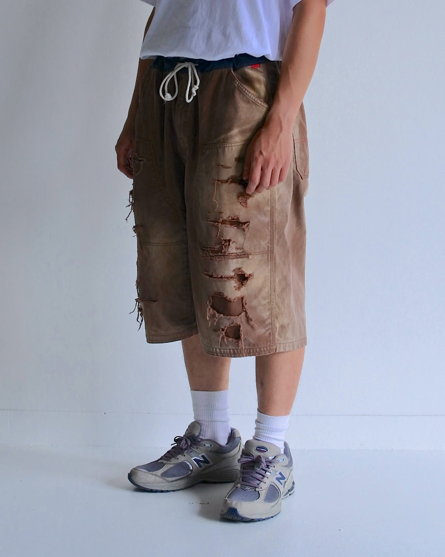 ANACHRONORM ダブルニー ダメージ ペインター ショートパンツ ブラウン | 11号帆布 ナイロンオックス切り替え 特殊脱色加工 ハードダメージ 一点一点 日本製