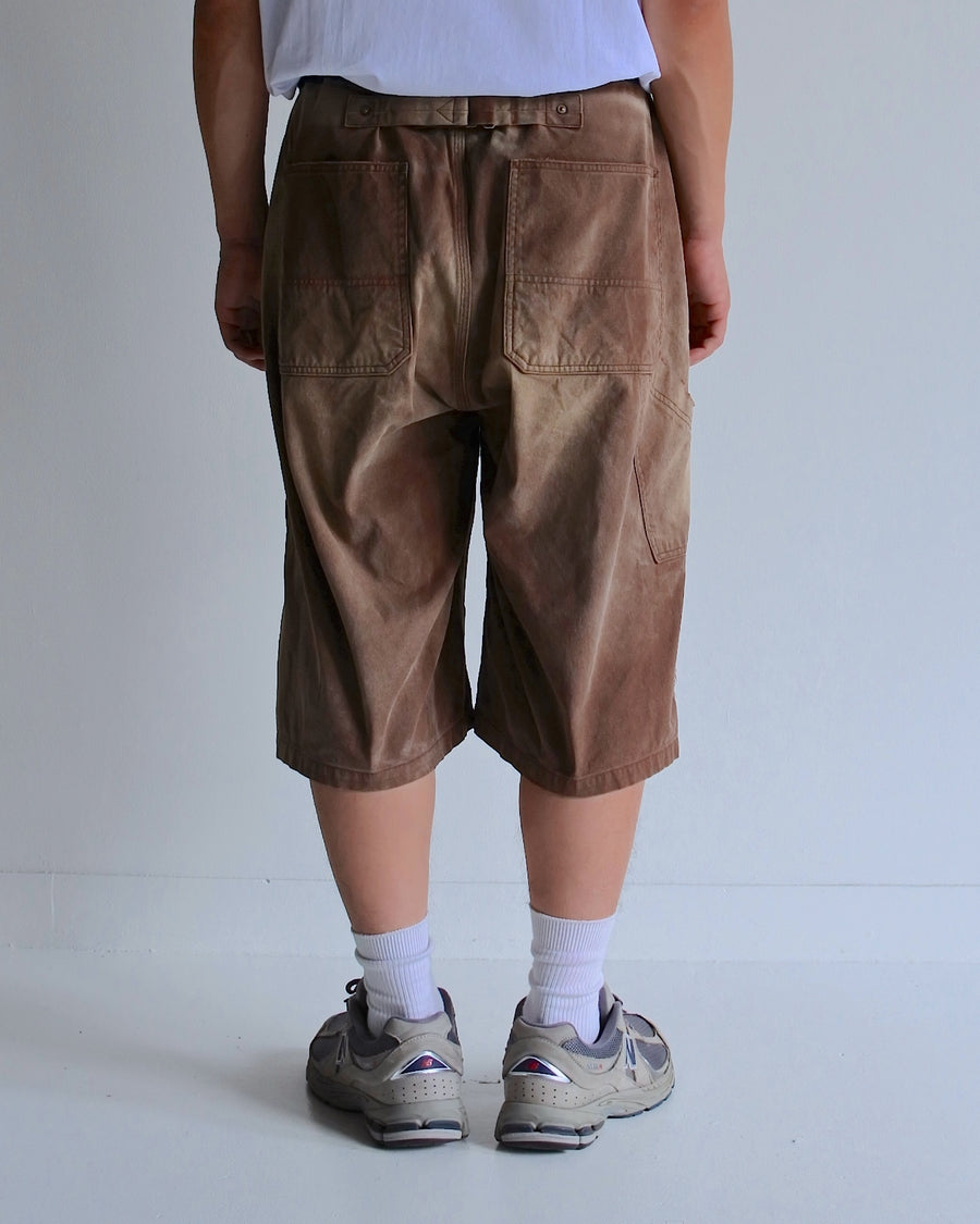 ANACHRONORM ダブルニー ダメージ ペインター ショートパンツ ブラウン | 11号帆布 ナイロンオックス切り替え 特殊脱色加工 ハードダメージ 一点一点 日本製
