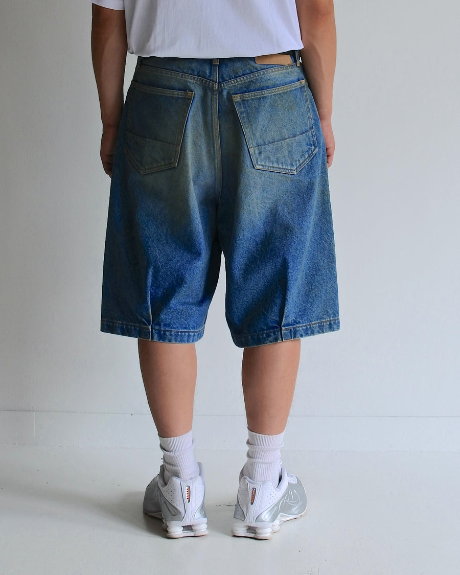 ANACHRONORM 80's 5ポケット デニム ヘムタック ショートパンツ インディゴ エイジング | 14oz ハチマルデニム 空紡糸 裾タック エイジング加工 日本製