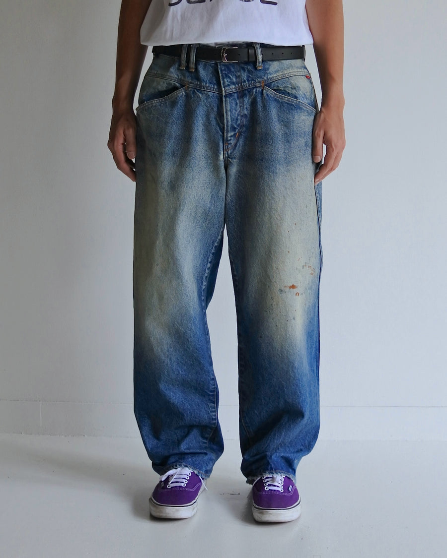 ANACHRONORM フロントヨーク ウォッシュ デニムパンツ インディゴ エイジング | 14oz ハチマルデニム ワイドテーパード フロント切り替え エイジング加工 日本製