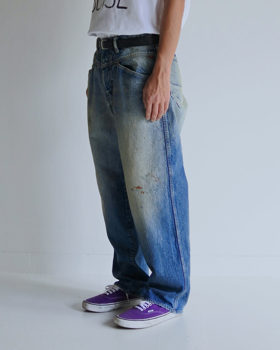 ANACHRONORM フロントヨーク ウォッシュ デニムパンツ インディゴ エイジング | 14oz ハチマルデニム ワイドテーパード フロント切り替え エイジング加工 日本製
