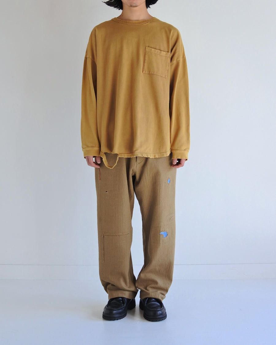 ANACHRONORM モスステッチ ダメージ ポケット ロングスリーブTシャツ ライトブラウン | 40/2カノコ 超長綿 硫化染め サステナブルブリーチ ダメージ加工 一点一点 日本製