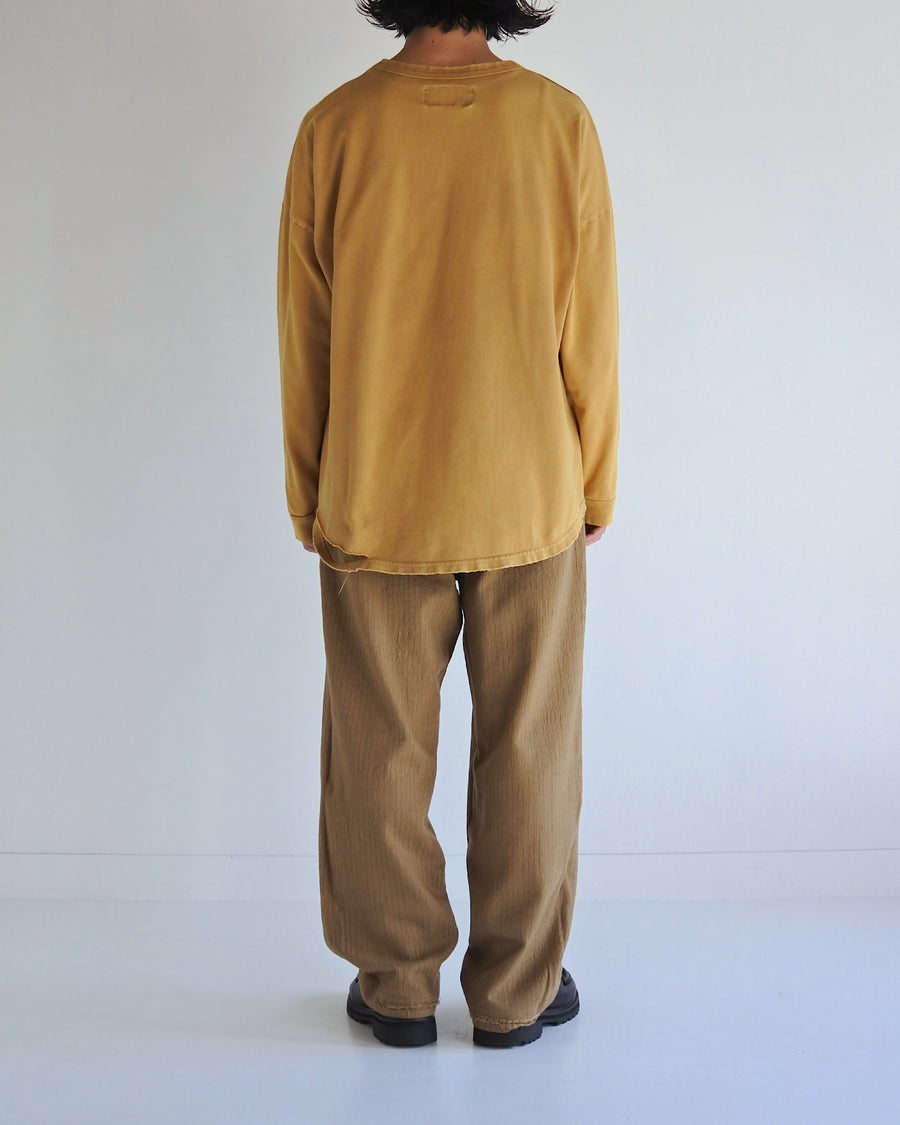 ANACHRONORM モスステッチ ダメージ ポケット ロングスリーブTシャツ ライトブラウン | 40/2カノコ 超長綿 硫化染め サステナブルブリーチ ダメージ加工 一点一点 日本製