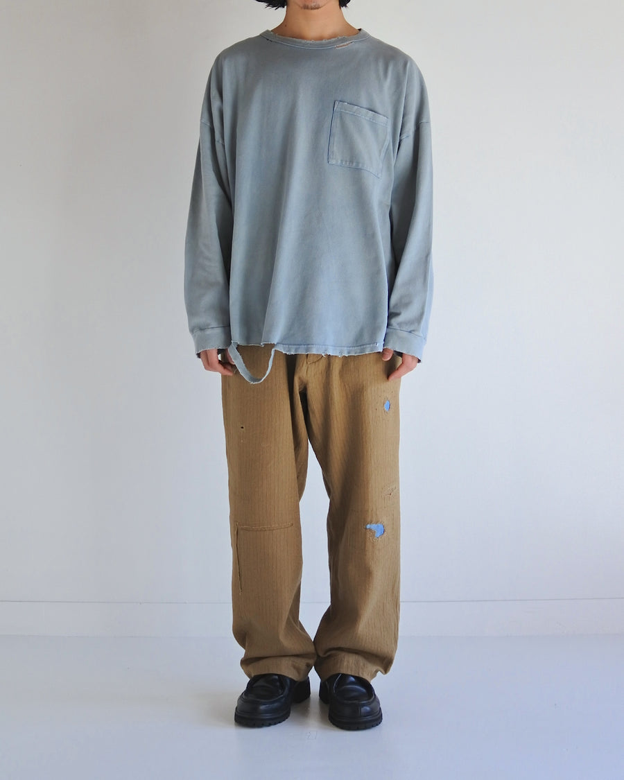 ANACHRONORM モスステッチ ダメージ ポケット ロングスリーブTシャツ ライトブルー | 40/2カノコ 超長綿 硫化染め サステナブルブリーチ ダメージ加工 一点一点 日本製