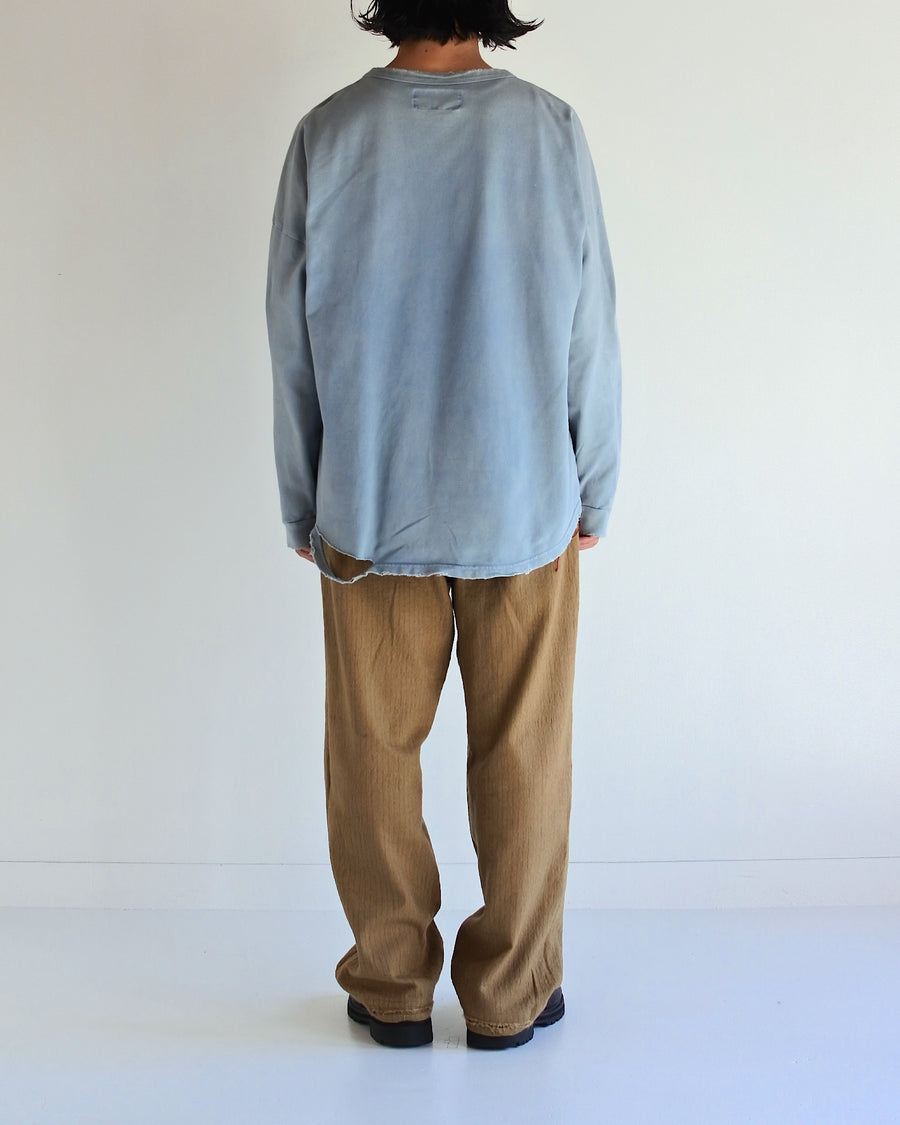 ANACHRONORM モスステッチ ダメージ ポケット ロングスリーブTシャツ ライトブルー | 40/2カノコ 超長綿 硫化染め サステナブルブリーチ ダメージ加工 一点一点 日本製