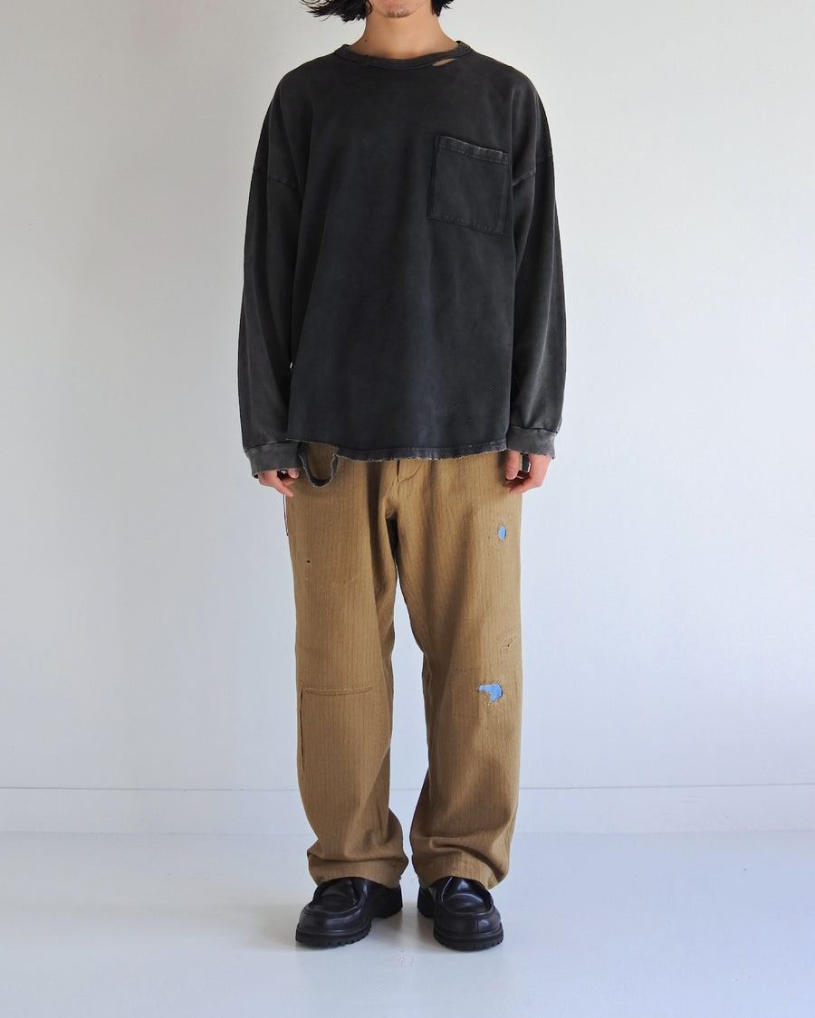 ANACHRONORM モスステッチ ダメージ ポケット ロングスリーブTシャツ ブラック | 40/2カノコ 超長綿 硫化染め サステナブルブリーチ ダメージ加工 一点一点 日本製
