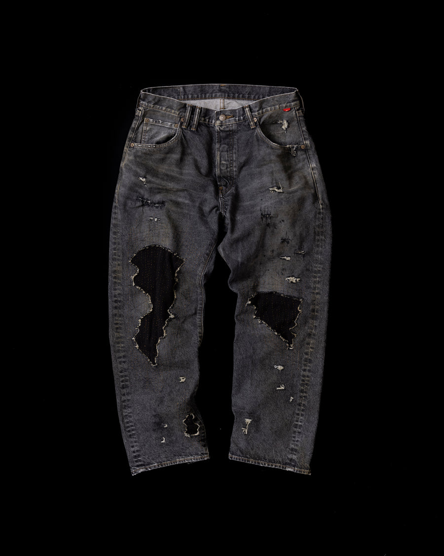 ANACHRONORM レギュラーテーパード リメイク 5ポケット ブラックデニムパンツ black denim remake 5 pocket jeans front view